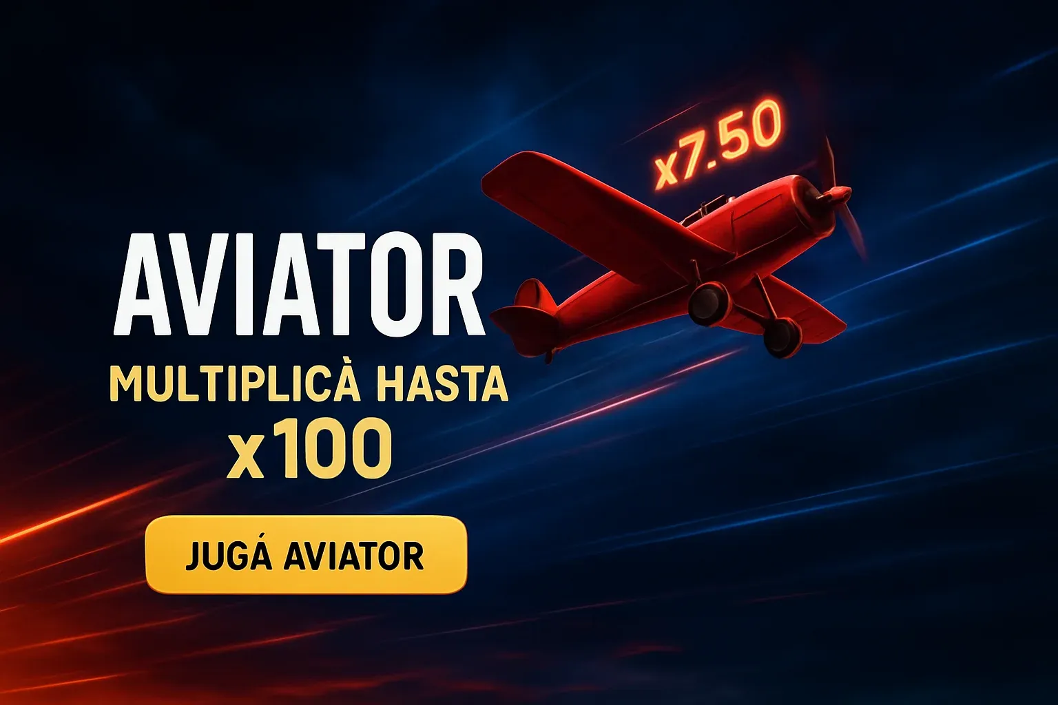 Banner de casino Aviator con avión rojo y multiplicador x7.50