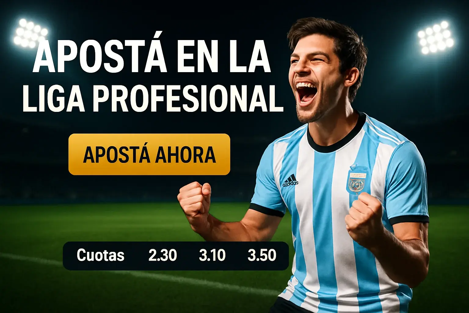 Hincha argentino festejando gol con cuotas y botón dorado de apuesta