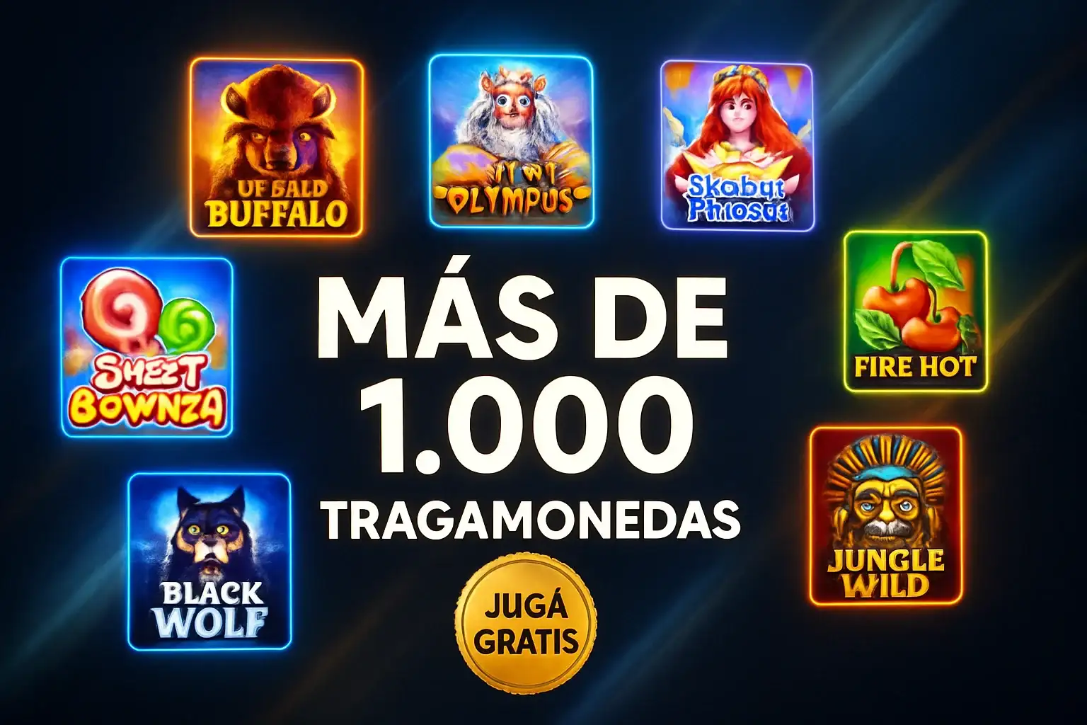 Banner de casino en español con tragamonedas, colores argentinos y jugá gratis