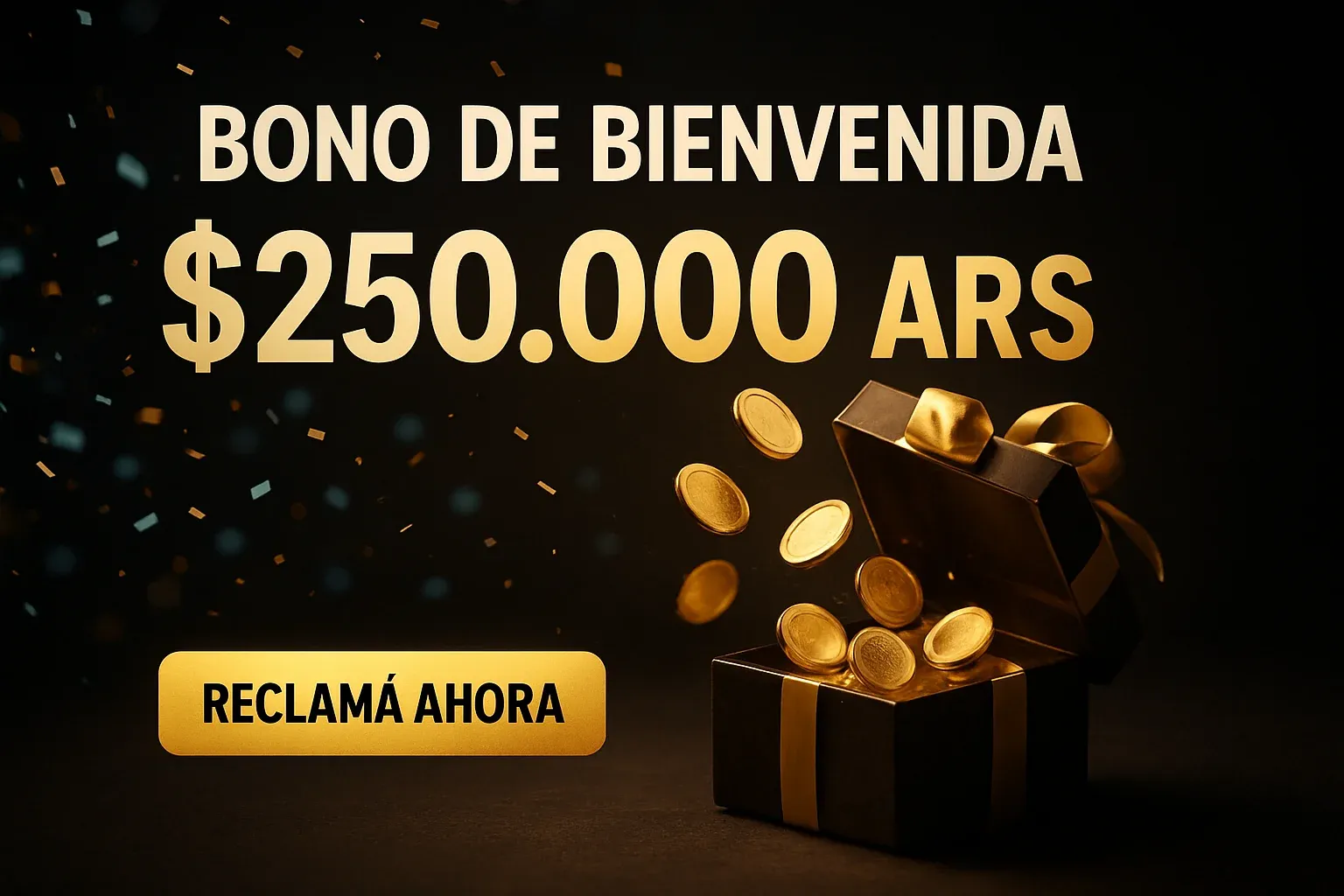 Banner de casino con bono de bienvenida, confeti argentino y caja regalo