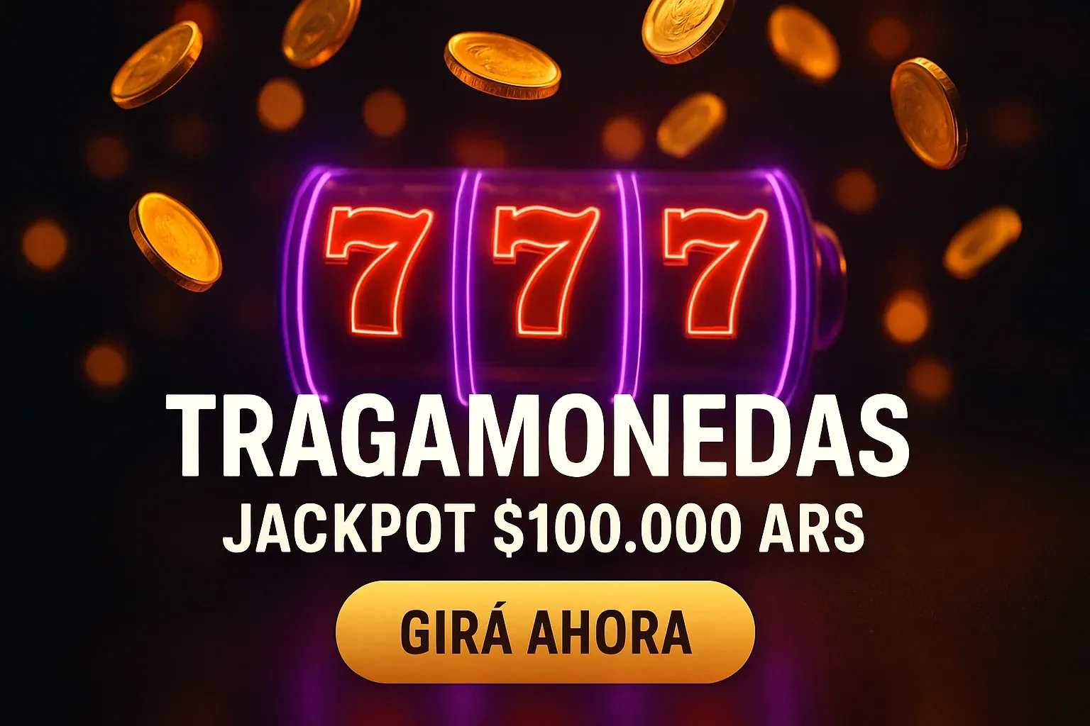 Banner de tragamonedas con jackpot 777, luces neón y botón Girá Ahora